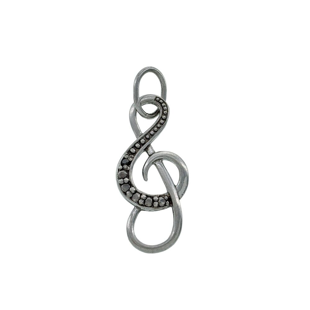 Vintage Sterling Silver 925 Black Diamond Accent Music Treble Clef Pendant